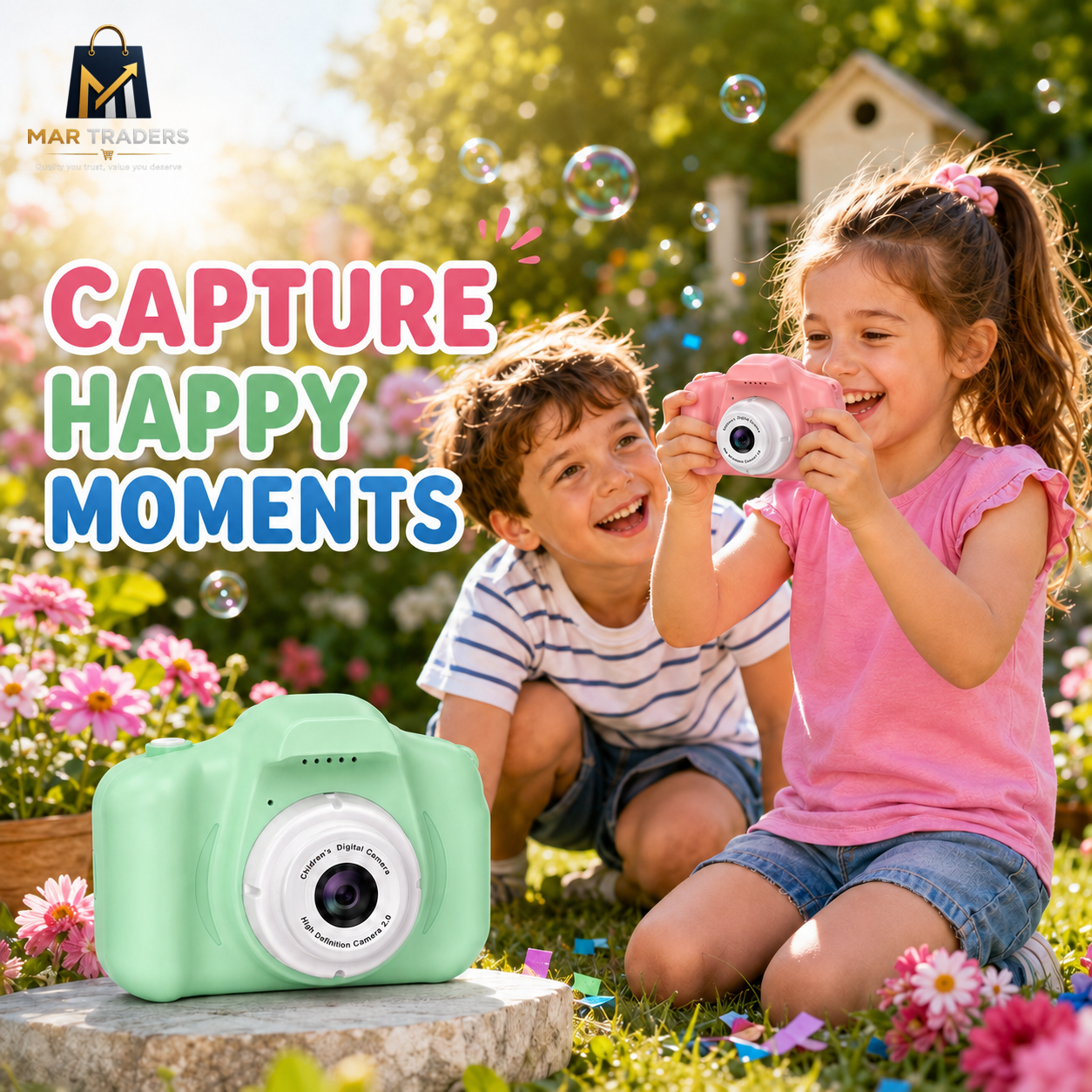 Child using a kids digital camera for photography and creative play