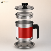 A stainless steel oil strainer with a red and white vertical color block design on the body, shown with its components disassembled: lid, strainer, undertray , and handle.