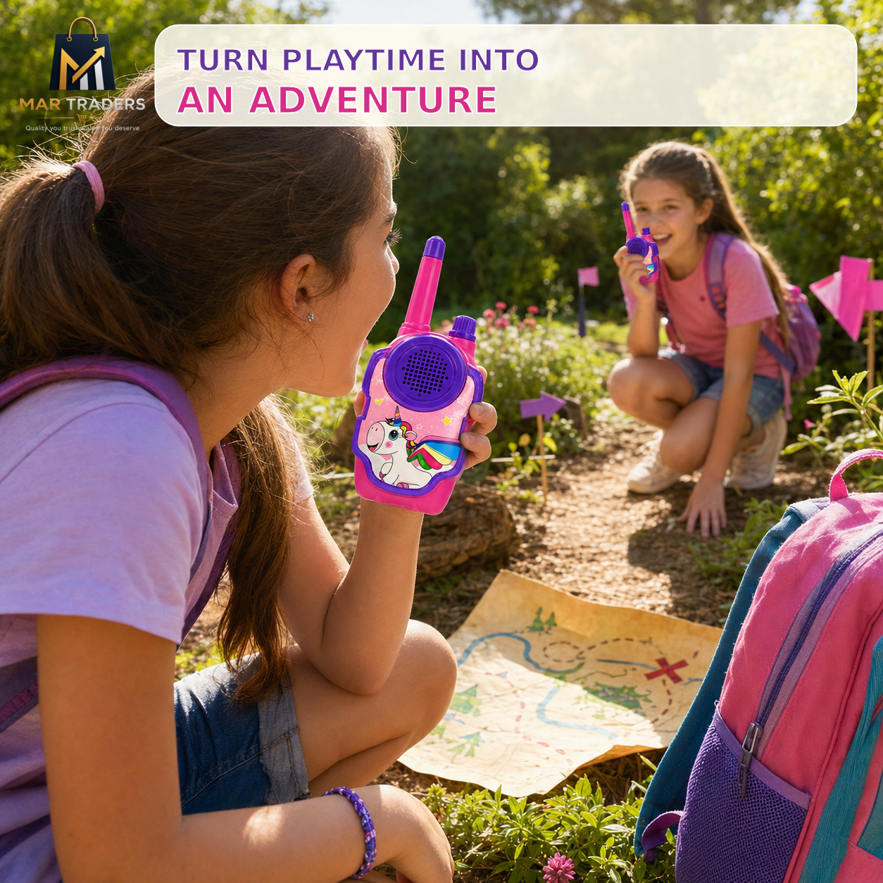 Two girls outdoors in a garden setting using pink and purple toy walkie-talkies, with a treasure map on the ground and a backpack in the foreground. A banner at the top reads 'TURN PLAYTIME INTO AN ADVENTURE' and the Mar Tutors logo is visible in the top left.