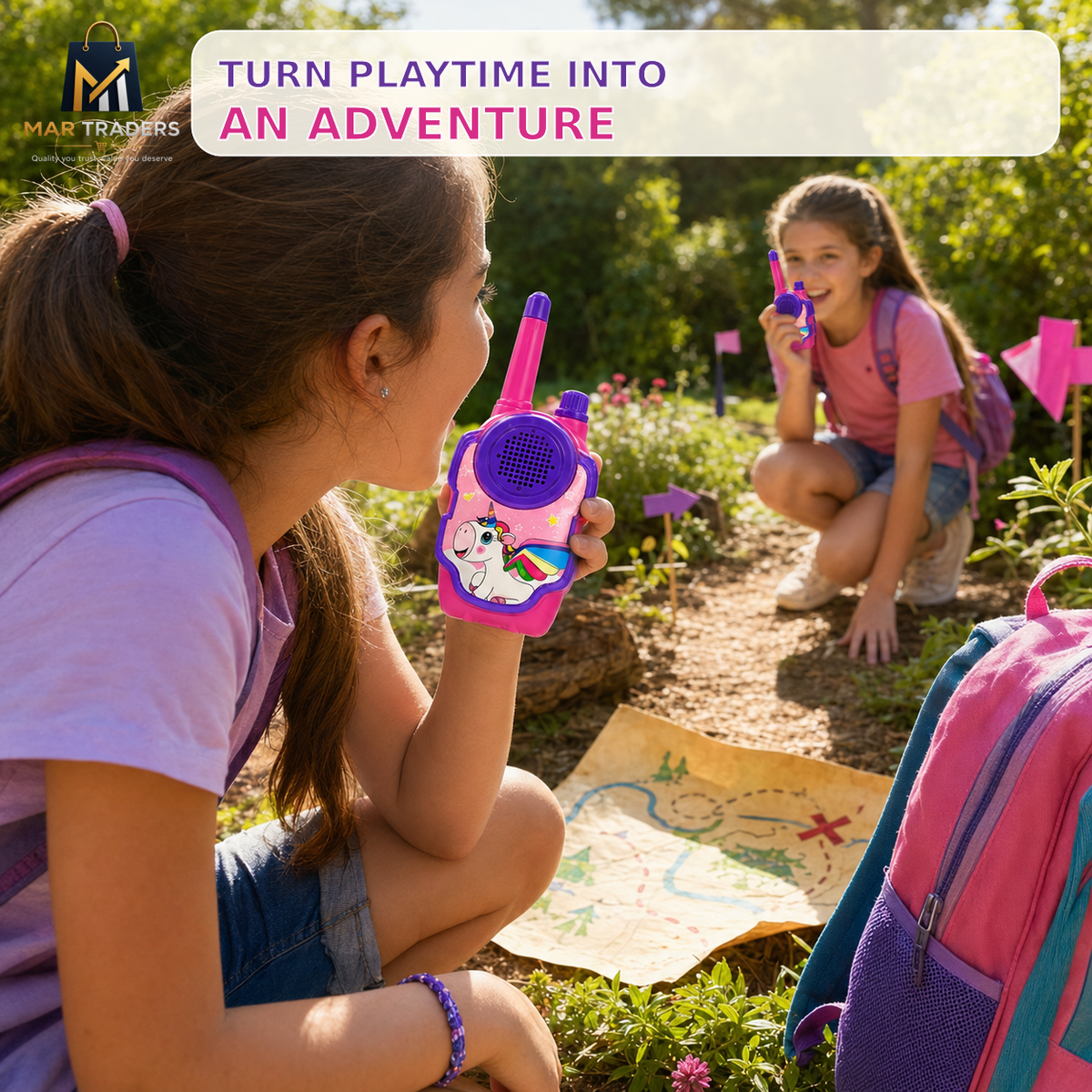 Two girls outdoors in a garden setting using pink and purple toy walkie-talkies, with a treasure map on the ground and a backpack in the foreground. A banner at the top reads 'TURN PLAYTIME INTO AN ADVENTURE' and the Mar Tutors logo is visible in the top left.