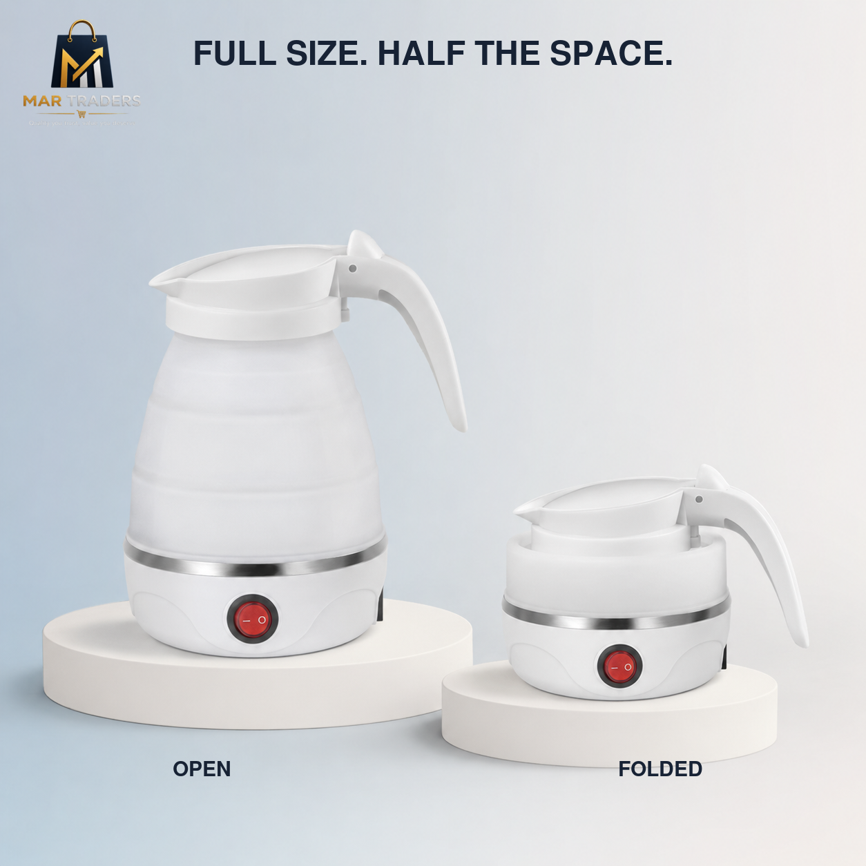 Two white electric kettle bases shown in open and folded positions on a light blue gradient background, with the text 'FULL SIZE. HALF THE SPACE.