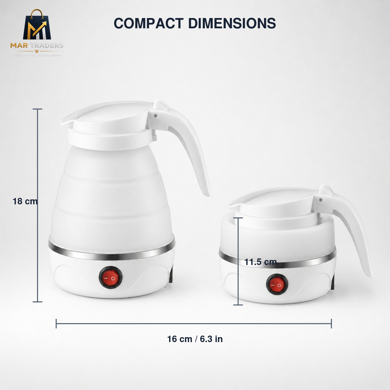 Compact dimensions diagram showing two white electric kettle sizes with height and width measurements on a light gray background. The Maripacers logo appears in the top left corner.
