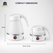 Compact dimensions diagram showing two white electric kettle sizes with height and width measurements on a light gray background. The Maripacers logo appears in the top left corner.
