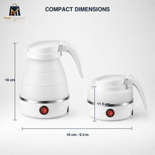 Compact dimensions diagram showing two white electric kettle sizes with height and width measurements on a light gray background. The Maripacers logo appears in the top left corner.