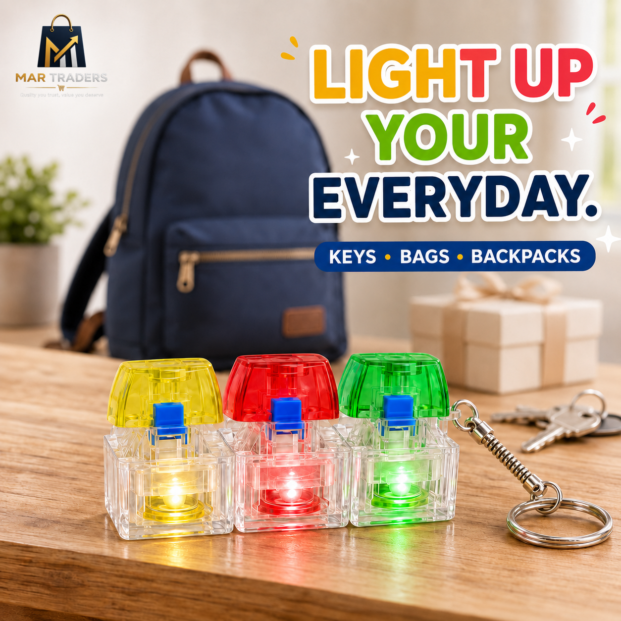 Colourful light-up fidget keychain attached to a backpack