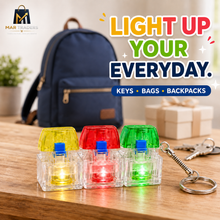 Colourful light-up fidget keychain attached to a backpack