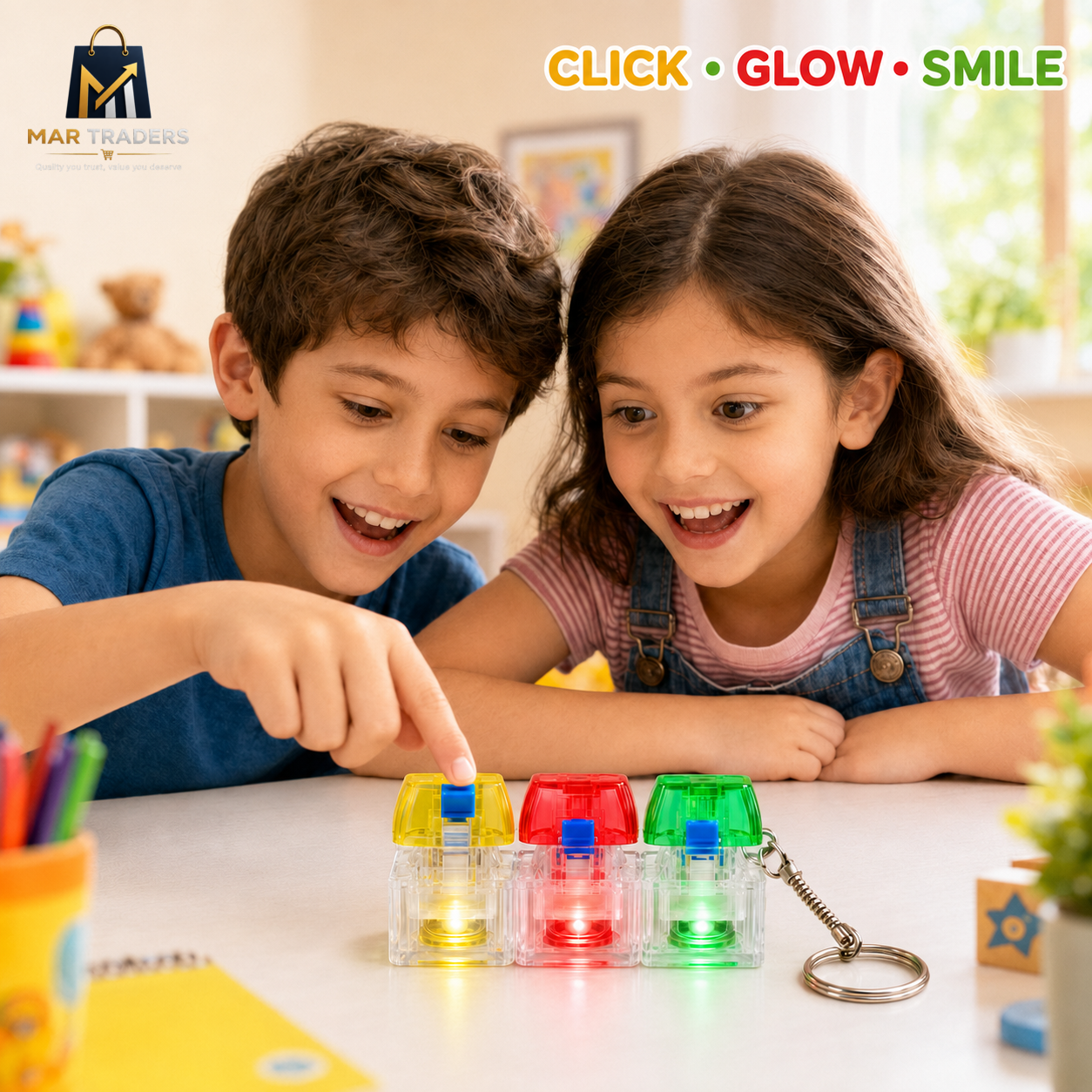 Children playing with colourful light-up fidget keychains