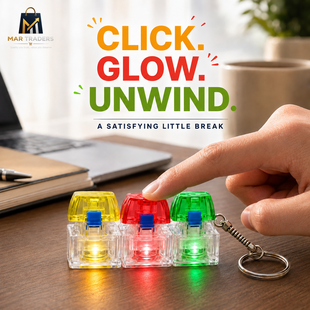 Hand using a light-up fidget keychain as a sensory stress-relief toy
