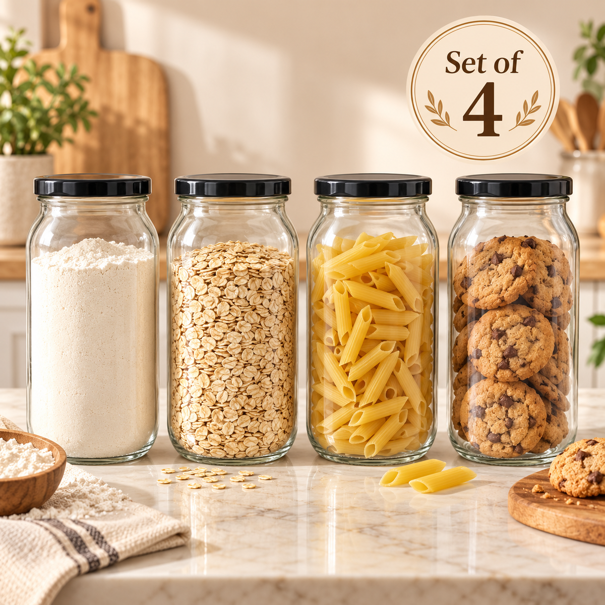 1L Glass Storage Jars with Airtight Lid – Pantry & Kitchen Organizer (Set of 2/4)