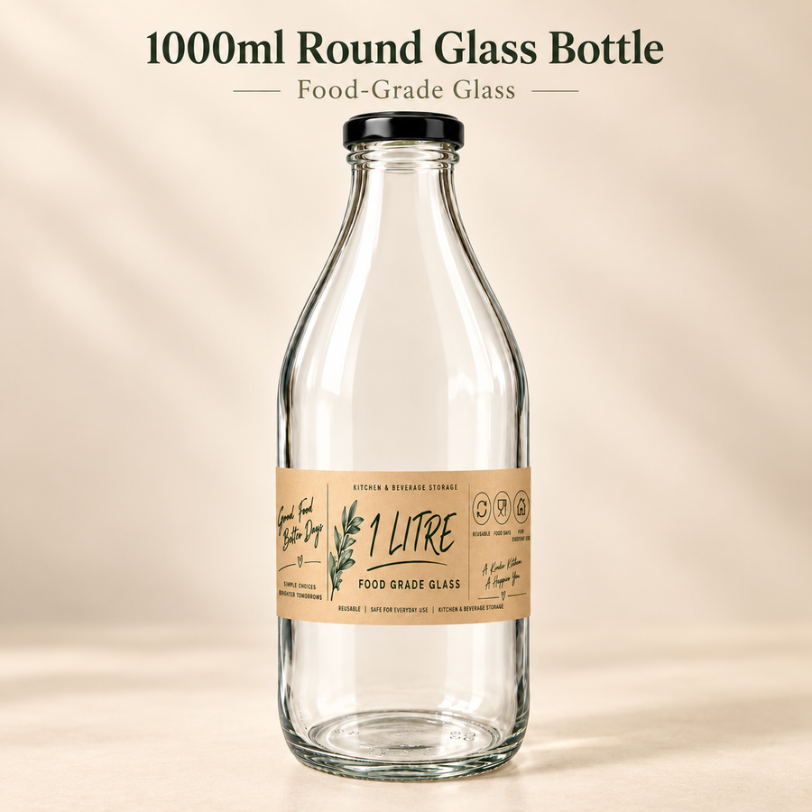 1L Glass Bottles with Airtight Lid – Reusable Milk & Juice Storage Bottles