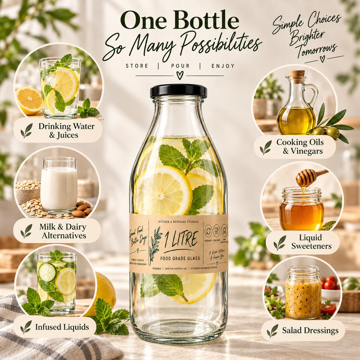 1L Glass Bottles with Airtight Lid – Reusable Milk & Juice Storage Bottles