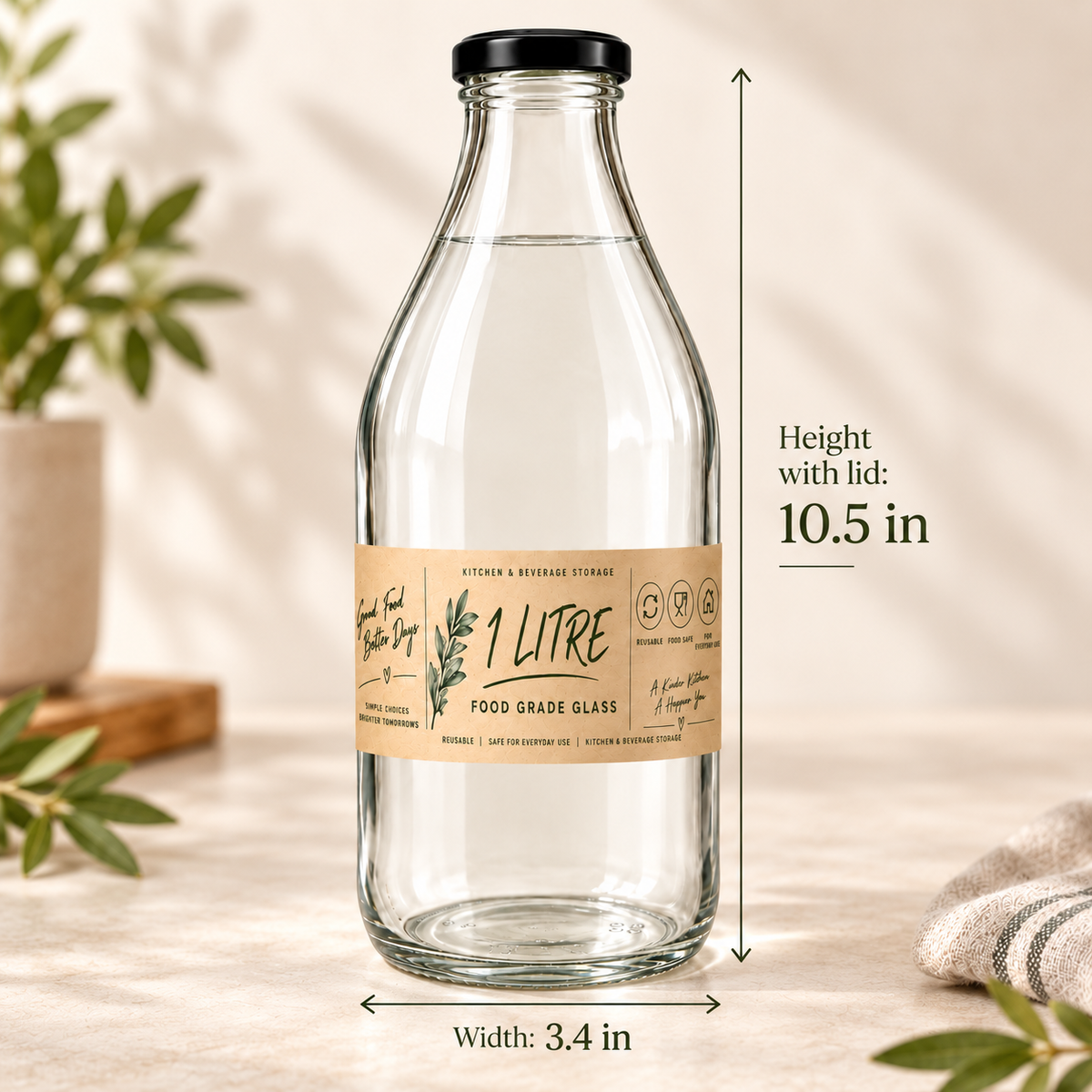1L Glass Bottles with Airtight Lid – Reusable Milk & Juice Storage Bottles