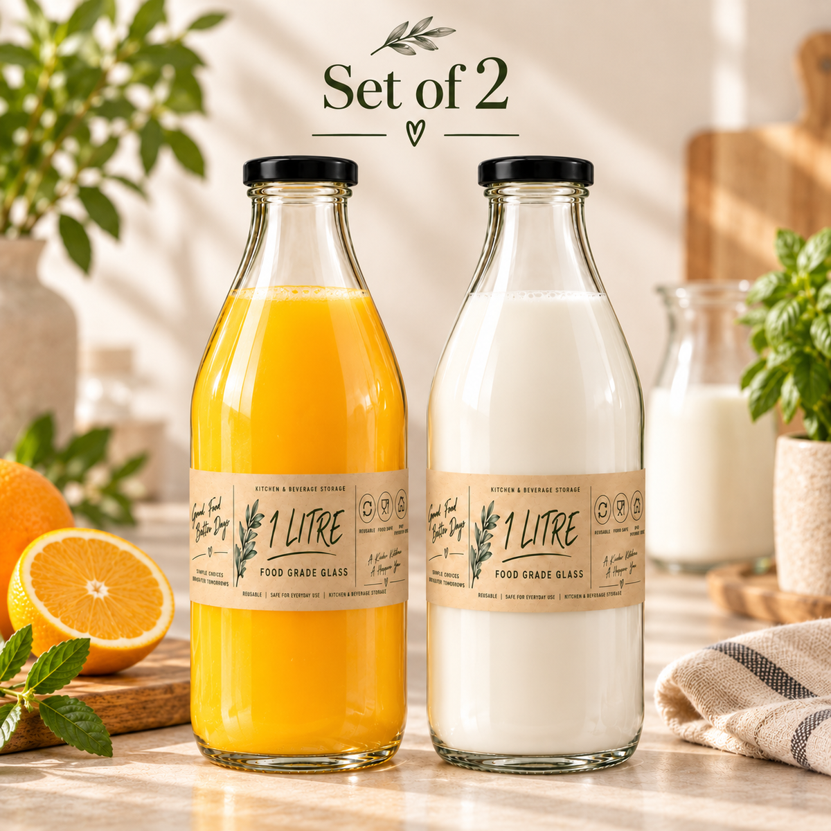 1L Glass Bottles with Airtight Lid – Reusable Milk & Juice Storage Bottles