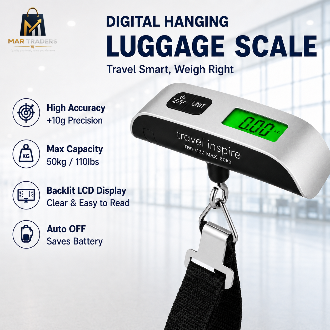 Portable digital luggage scale with LCD display and 50 kg capacity
