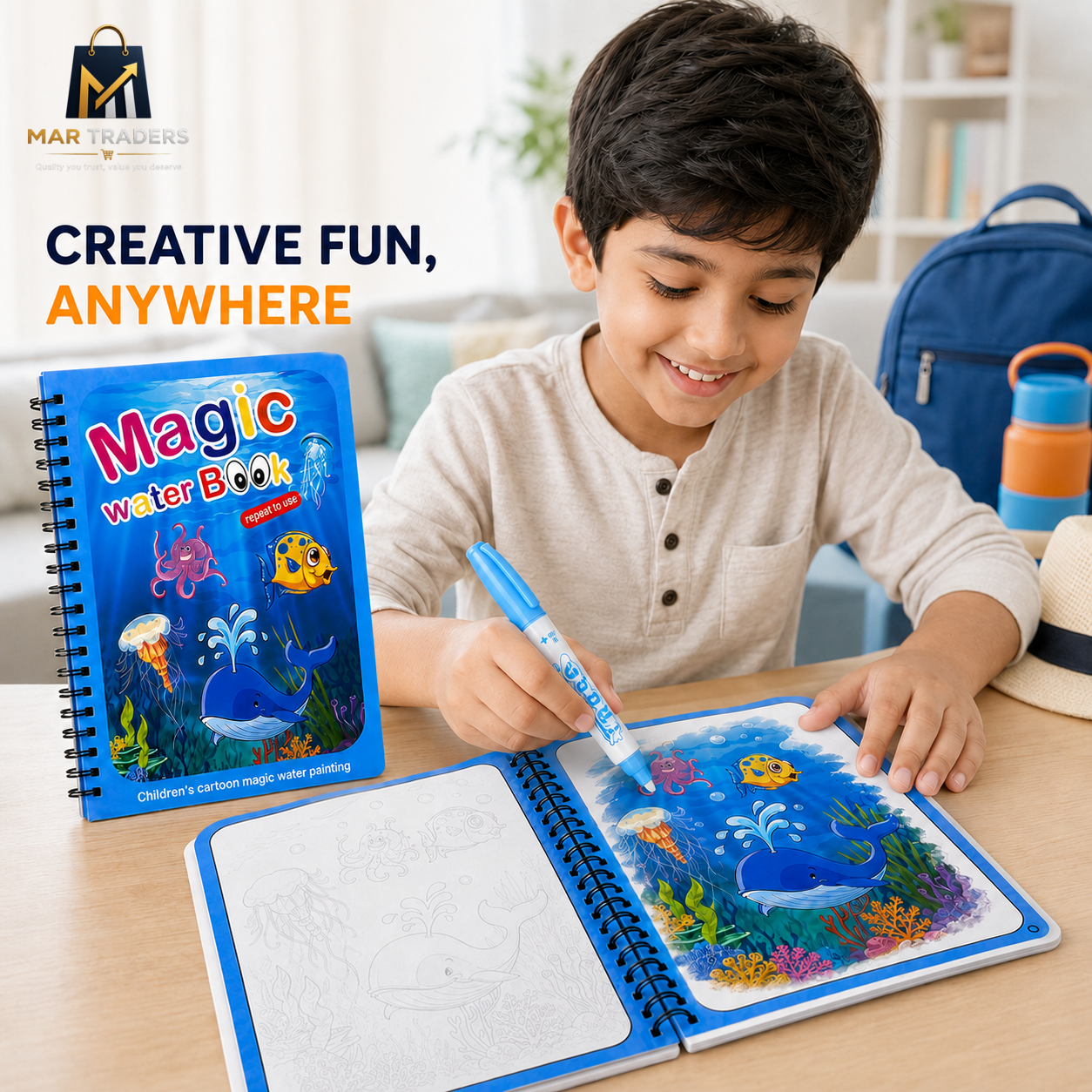 Children enjoying mess-free colouring with reusable Magic Water Books