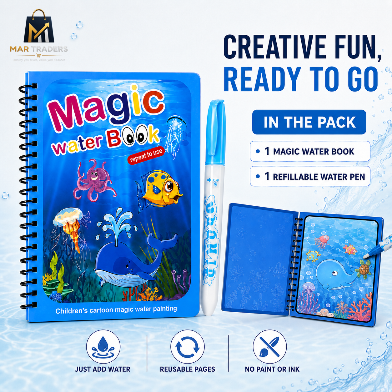 Magic Water Book package with reusable activity pages and water pen