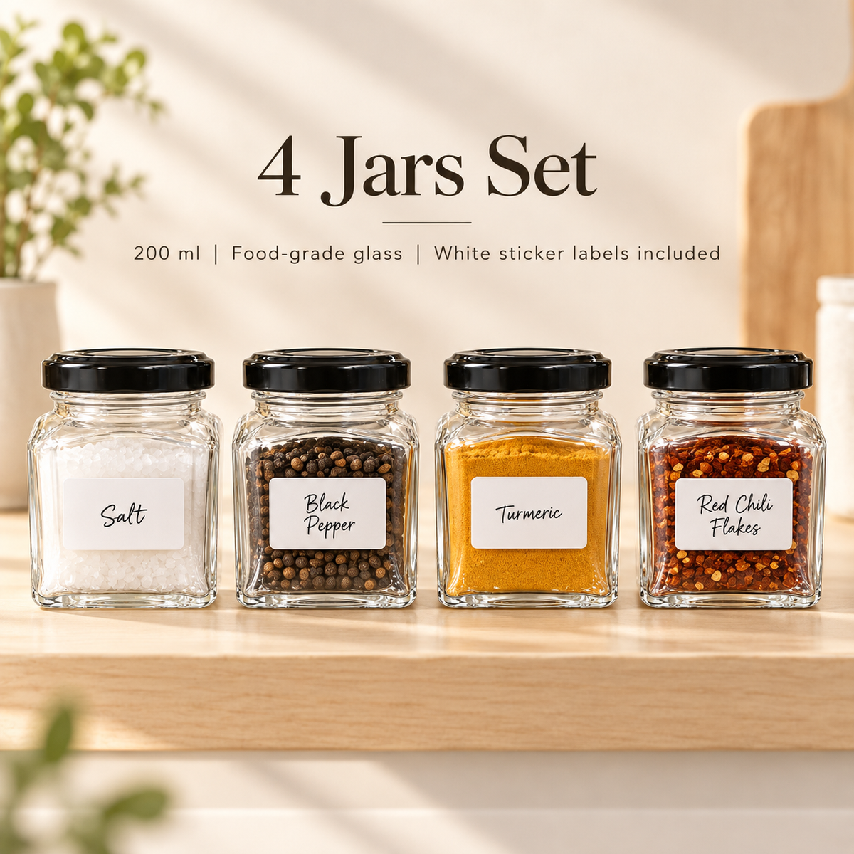 200ml Glass Spice Jars with Free Stickers – Spice Rack Organizer Set