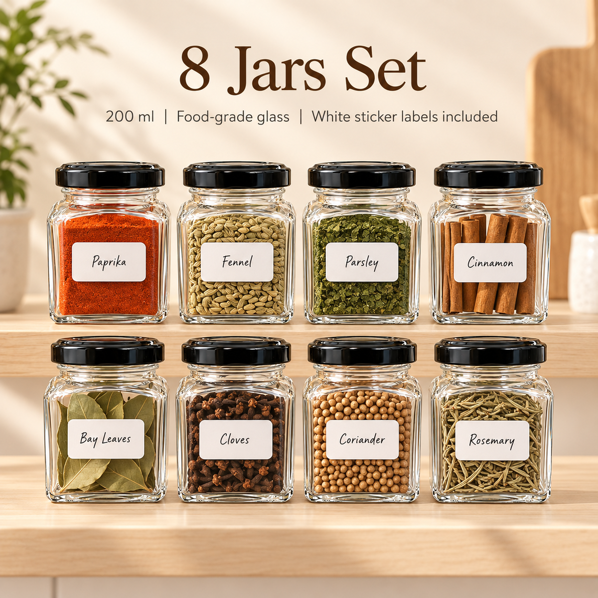 200ml Glass Spice Jars with Free Stickers – Spice Rack Organizer Set