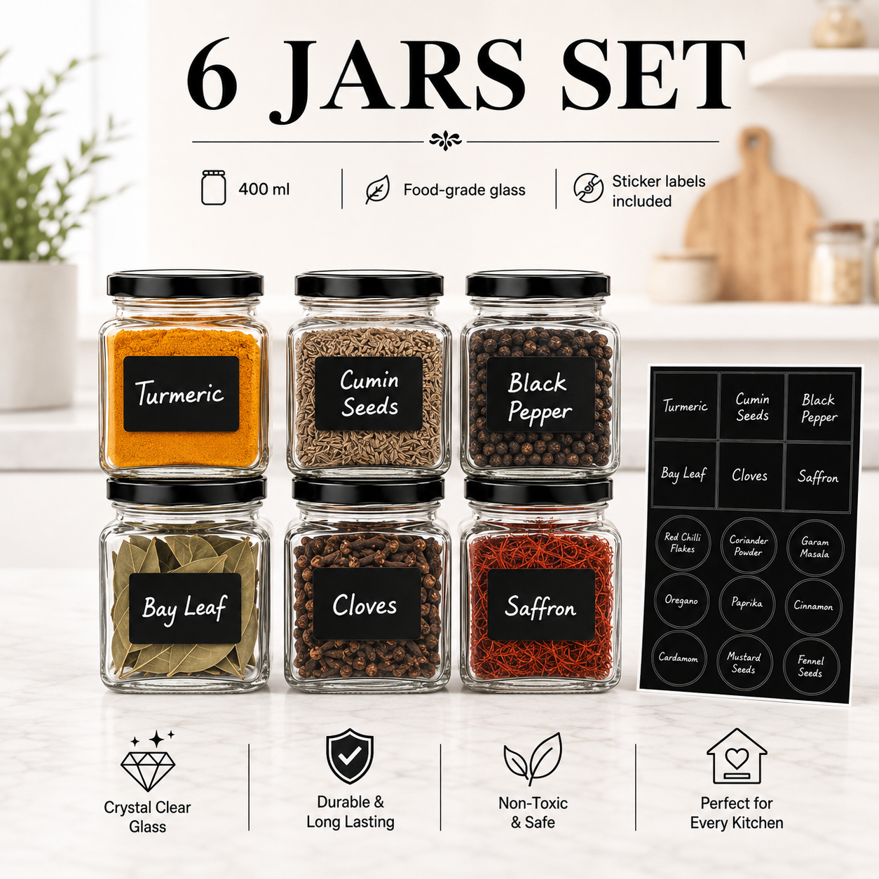 Six clear glass spice jars with black lids arranged in two rows on a light countertop, labeled with spices including turmeric, cumin seeds, black pepper, bay leaf, cloves, and saffron. A black sticker label sheet is shown beside the jars, with text at the top reading '6 JARS SET' and feature icons below.