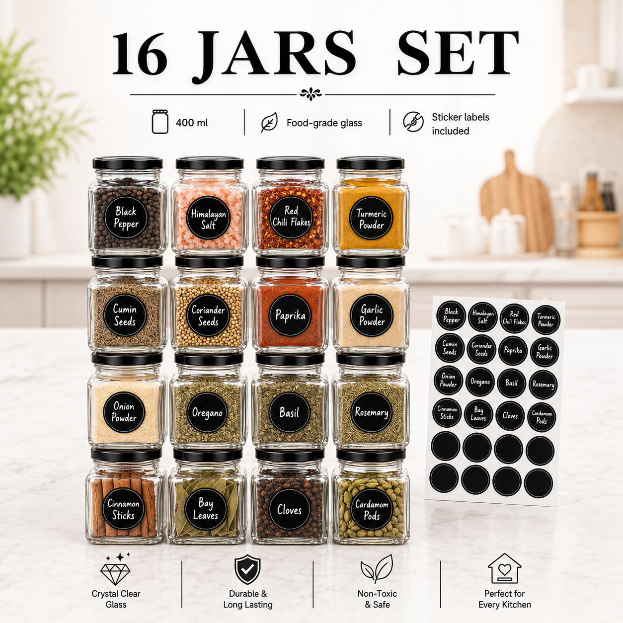 A 16-jar spice and seasoning set displayed in a bright kitchen setting. The set includes 16 clear glass jars with black lids, filled with various spices and seeds, and a sheet of 16 matching black circular labels with white text.