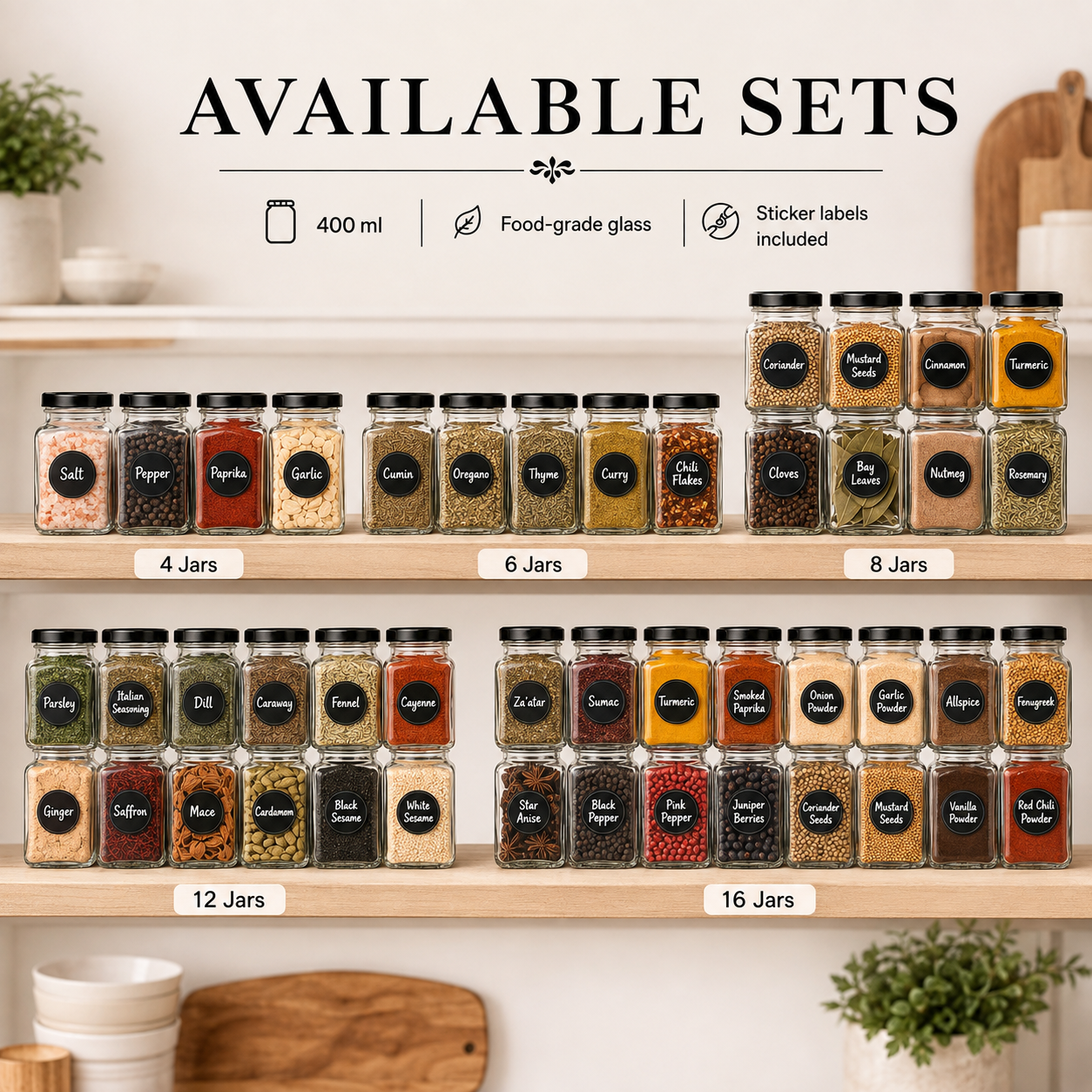 A set of clear food-grade glass spice jars with black lids and black circular labels, arranged on wooden shelves under the heading 'AVAILABLE SETS.' The image shows labeled set sizes from 4 jars to 16 jars, with examples of spices visible inside.