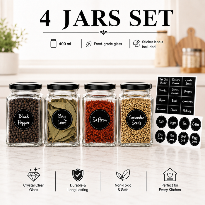 Four clear glass spice jars with black lids and black label stickers, shown on a light marble surface with a softly blurred kitchen background. The jars are labeled Black Pepper, Bay Leaf, Saffron, and Coriander Seeds, with additional black seasoning labels displayed to the right.