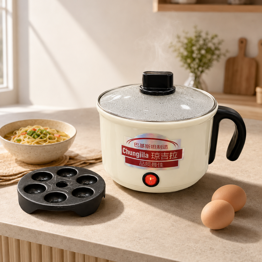 A countertop electric cooking pot with a glass lid and black handle sits on a beige kitchen counter beside a bowl of pasta, two eggs, and a black mold insert. The pot has a cream-colored body with a red power button and Chinese/English branding on the front.