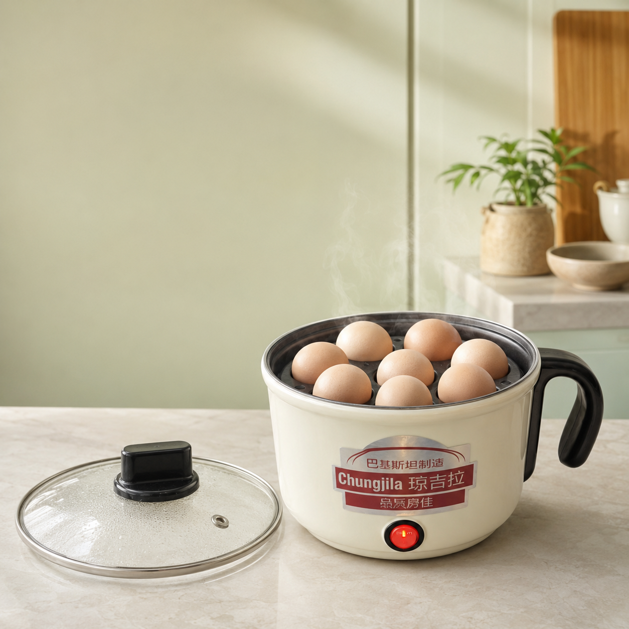 A small electric steamer pot with a handle and glass lid sits on a kitchen counter, containing several eggs. The pot is cream-colored with a black handle and base, and a red power button is illuminated.