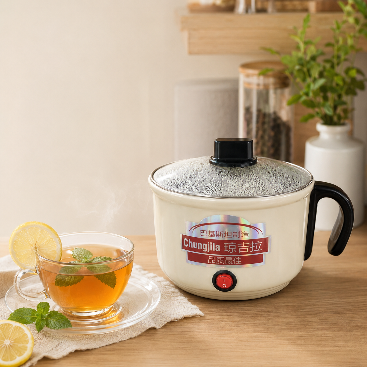 A white electric kettle with a glass lid sits on a wooden table next to a glass cup of tea with mint and lemon. The kettle has a red power button and a label that reads 'Chungilla'.