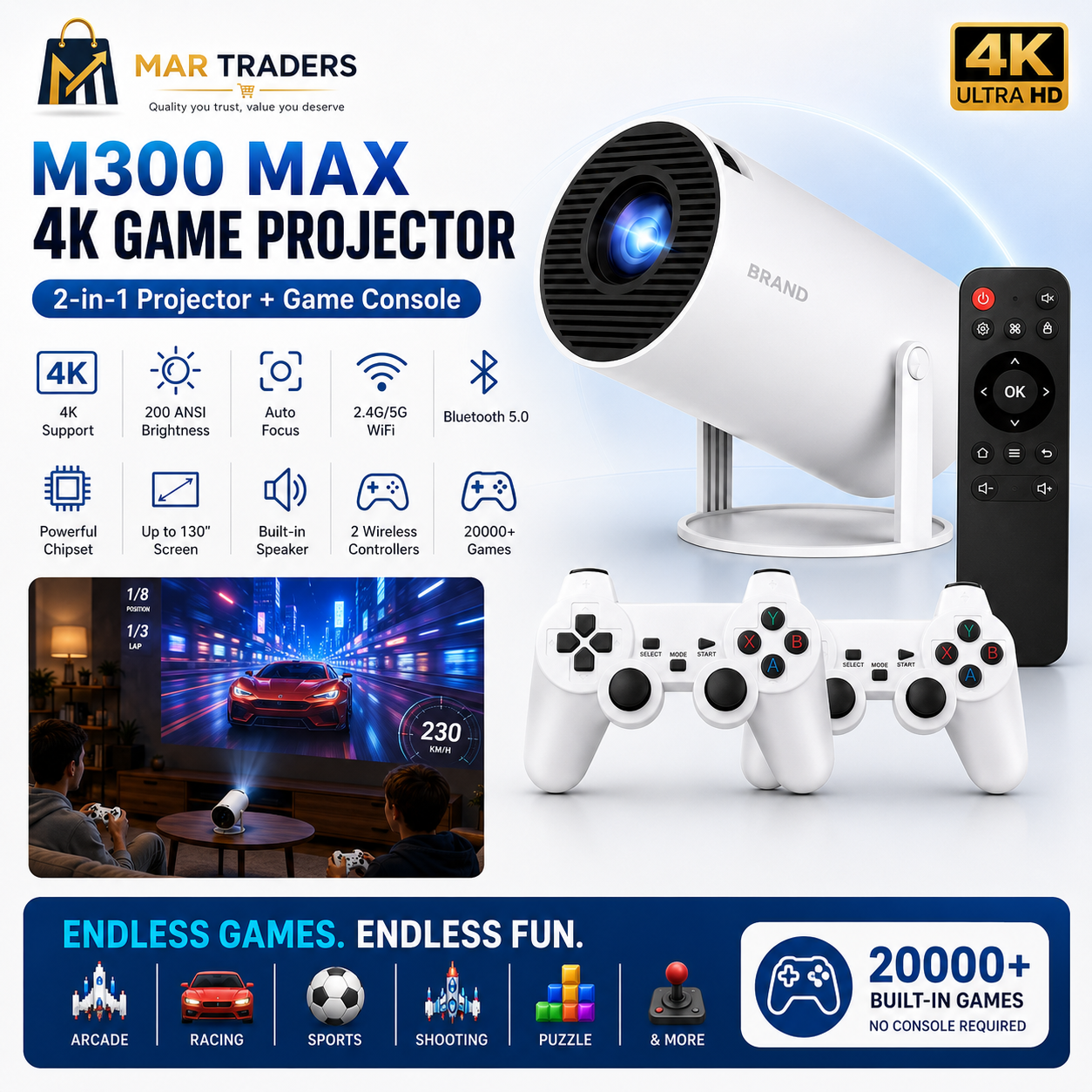 White M300 MAX 4K game projector with a black remote control and two white game controllers, shown on a white background with feature icons and a screen demo image. Mar Traders branding is visible.