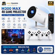 White M300 MAX 4K game projector with a black remote control and two white game controllers, shown on a white background with feature icons and a screen demo image. Mar Traders branding is visible.