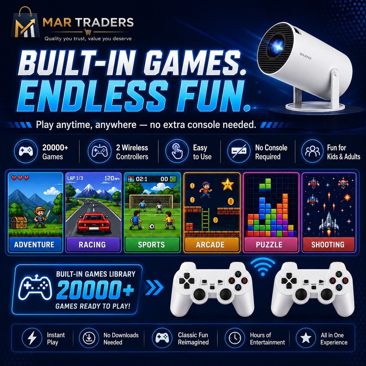 A promotional graphic for a white Mar Traders built-in game projector, showing a large projector screen, two white game controllers, and a collage of colorful game screens including adventure, racing, sports, arcade, puzzle, and shooting. Text highlights features like built-in games, endless fun, 2000+ games, 2 wireless controllers, and no extra console needed.