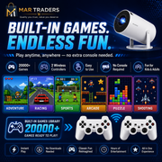 A promotional graphic for a white Mar Traders built-in game projector, showing a large projector screen, two white game controllers, and a collage of colorful game screens including adventure, racing, sports, arcade, puzzle, and shooting. Text highlights features like built-in games, endless fun, 2000+ games, 2 wireless controllers, and no extra console needed.