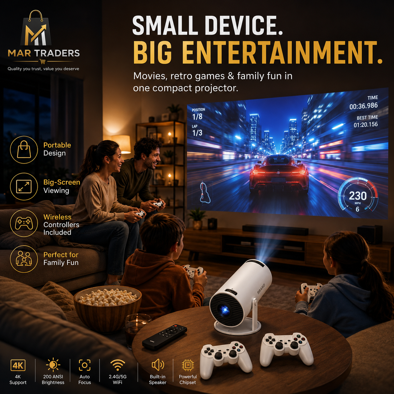 A compact white portable projector shown in a living room setup, projecting a colorful movie scene onto a large wall screen. Several people are seated around the projector and controllers, with promotional text and feature icons overlaid on the image.