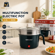 A dark teal electric pot with a stainless steel steamer tray and glass lid is shown on a kitchen counter, with the product box behind it and marketing text on the left. The pot has a red power button and the brand name CHITRONIC visible on both the pot and the box.