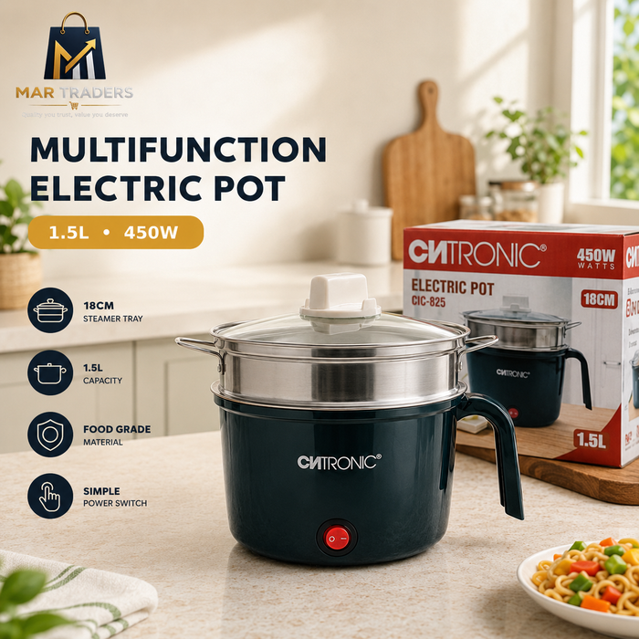 A dark teal electric pot with a stainless steel steamer tray and glass lid is shown on a kitchen counter, with the product box behind it and marketing text on the left. The pot has a red power button and the brand name CHITRONIC visible on both the pot and the box.