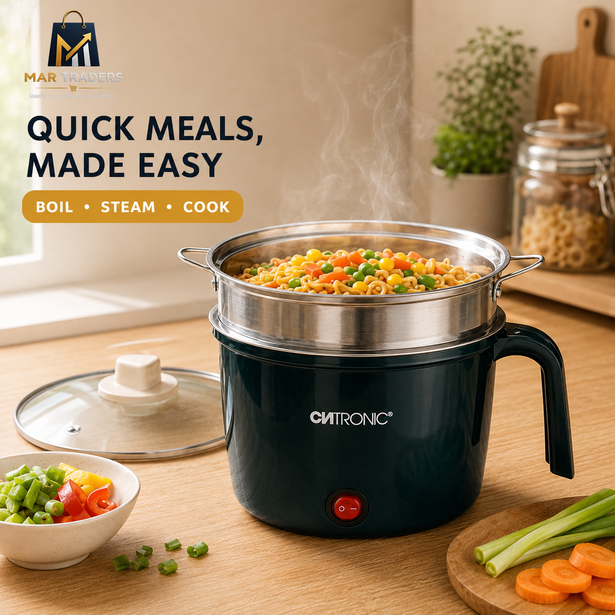 A countertop electric steamer cooker in dark teal with a stainless steel steaming basket and glass lid, shown on a wooden kitchen counter with cooked pasta, vegetables, and steam rising. Large marketing text and the MAR MARINEUR logo appear on the left.