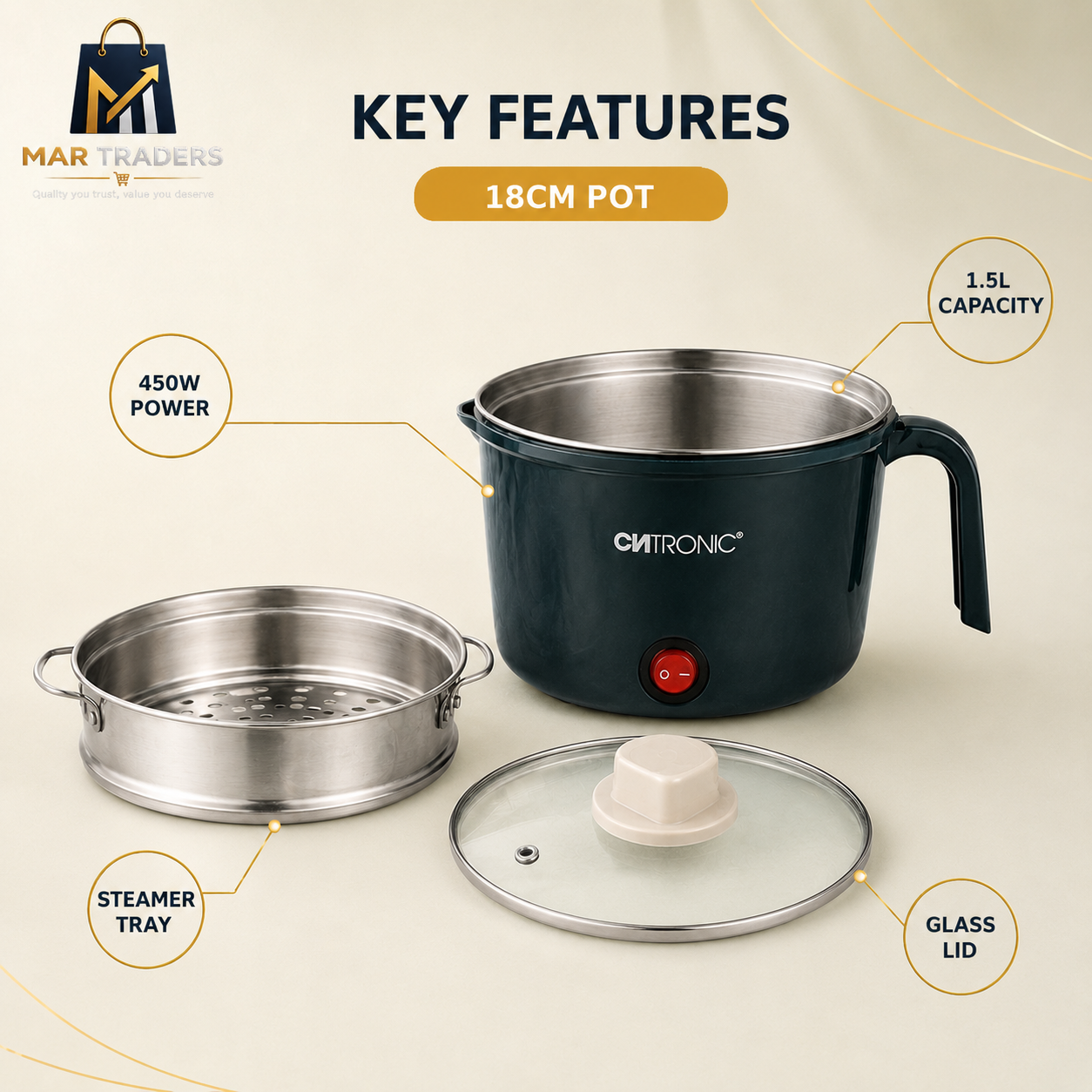 CMTronic 18cm pot in dark green with a stainless steel steamer tray and glass lid, shown with feature callout labels on a beige background.