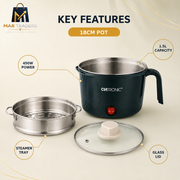 CMTronic 18cm pot in dark green with a stainless steel steamer tray and glass lid, shown with feature callout labels on a beige background.