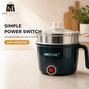 A dark green electric rice cooker with a stainless steel steamer insert and a clear lid, shown on a light countertop with promotional text on the left. The brand name 'CMTRONIC' is visible on the front, and the 'MAR TRADERS' logo is in the top-left corner.