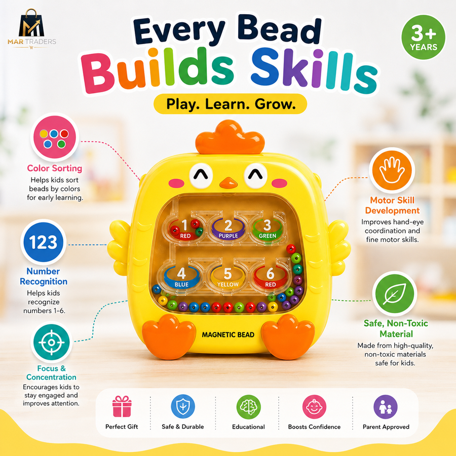 A yellow chick-shaped magnetic bead sorting toy shown on a bright marketing graphic with text callouts about color sorting, number recognition, motor skill development, and safe non-toxic material. The toy has six colored bead slots labeled red, purple, green, blue, yellow, and orange.