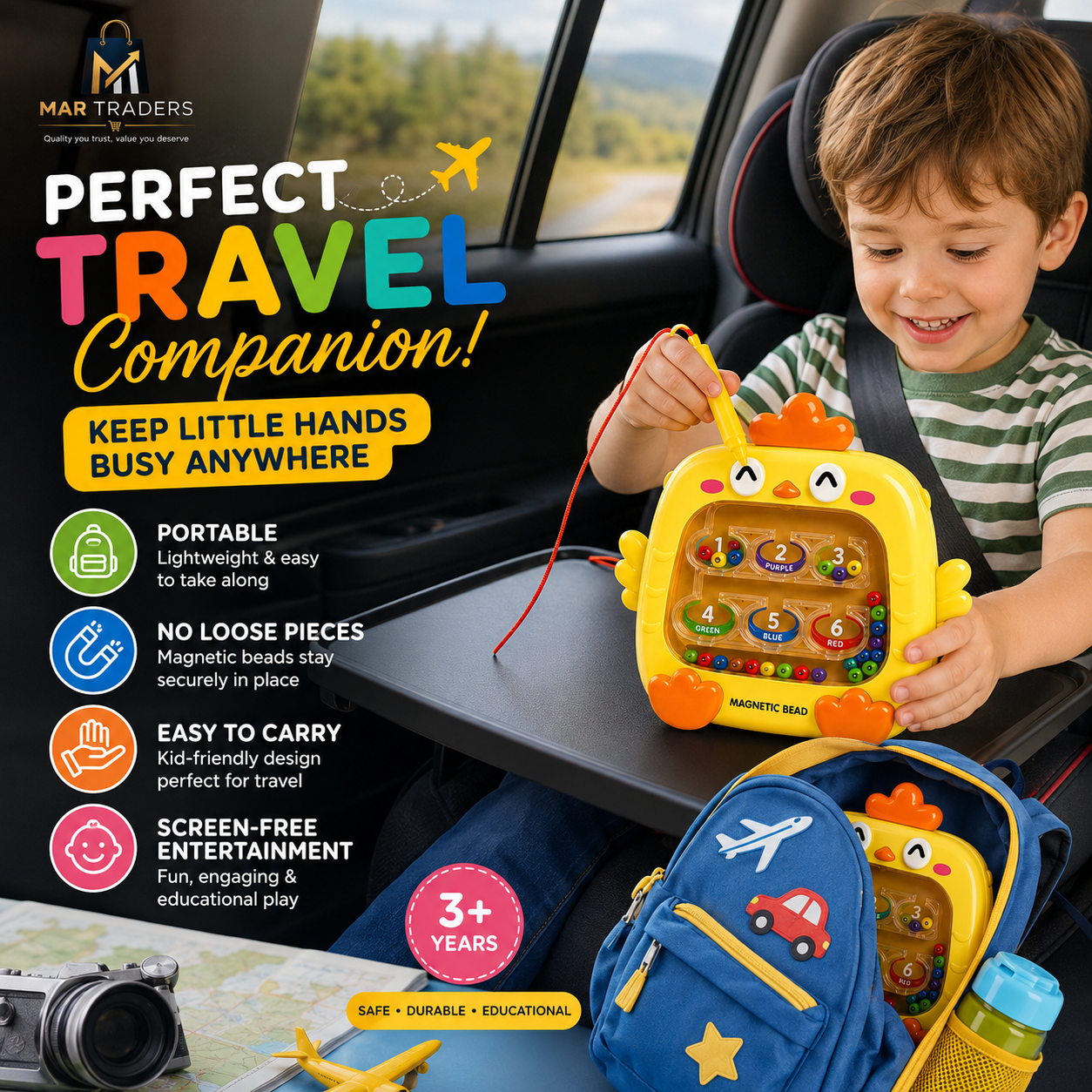 A young boy wearing a seatbelt holds a yellow magnetic bead travel toy pouch inside a car. The pouch is shaped like a bird and has colorful beads in a window.
