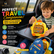 A young boy wearing a seatbelt holds a yellow magnetic bead travel toy pouch inside a car. The pouch is shaped like a bird and has colorful beads in a window.