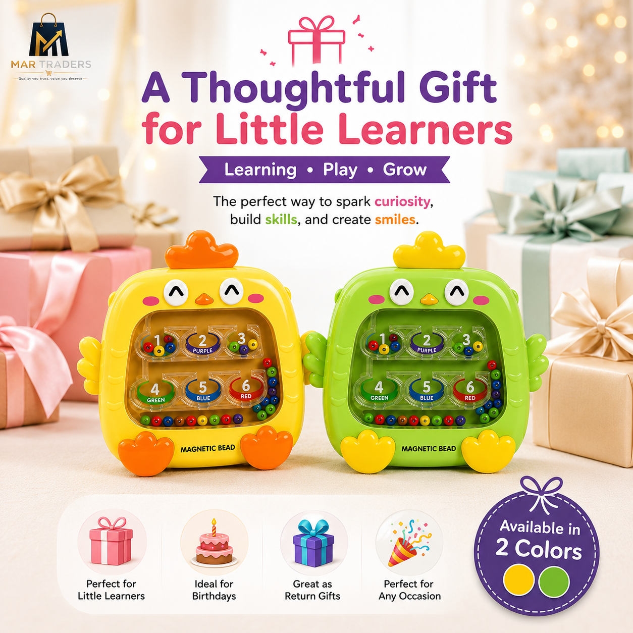 Two colorful magnetic bead toy birds, one yellow and one green, displayed on a light surface with a festive background of wrapped gifts and warm bokeh lights. The top features promotional text, and the bottom includes feature icons and an 'Available in 2 Colors' badge.