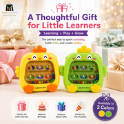 Two colorful magnetic bead toy birds, one yellow and one green, displayed on a light surface with a festive background of wrapped gifts and warm bokeh lights. The top features promotional text, and the bottom includes feature icons and an 'Available in 2 Colors' badge.