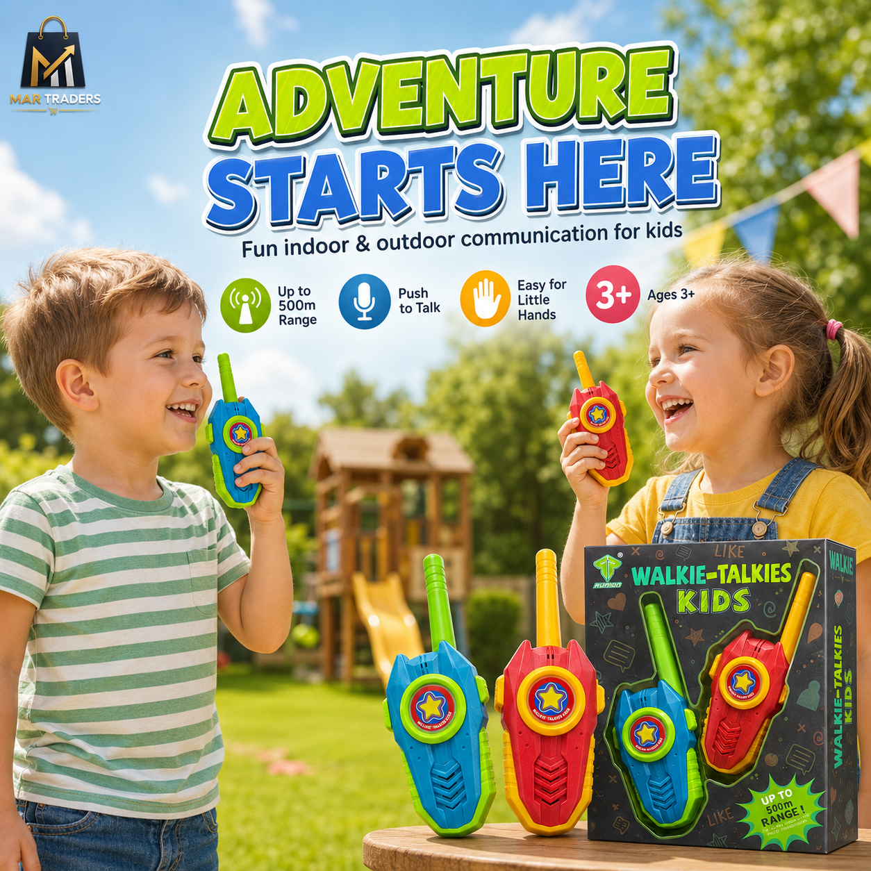 Two children outdoors holding toy walkie-talkies next to a box of Walkie-Talkies Kids, with large promotional text at the top and feature icons. The product shown is a set of colorful toy communication devices for kids.