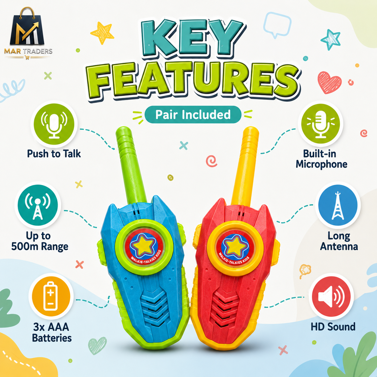 A promotional graphic for two children's toy walkie-talkies on a light pastel background. The left walkie-talkie is blue with green accents, and the right is red with yellow accents.