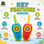 A promotional graphic for two children's toy walkie-talkies on a light pastel background. The left walkie-talkie is blue with green accents, and the right is red with yellow accents.