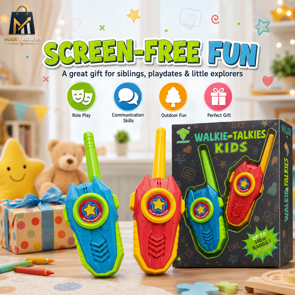 Two colorful kids' walkie-talkies and their retail box on a tabletop, with promotional text reading 'SCREEN-FREE FUN' and 'WALKIE-TALKIES KIDS' in a bright indoor setting. The products appear to be the main item being sold, with packaging included.
