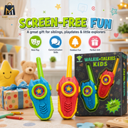 Two colorful kids' walkie-talkies and their retail box on a tabletop, with promotional text reading 'SCREEN-FREE FUN' and 'WALKIE-TALKIES KIDS' in a bright indoor setting. The products appear to be the main item being sold, with packaging included.